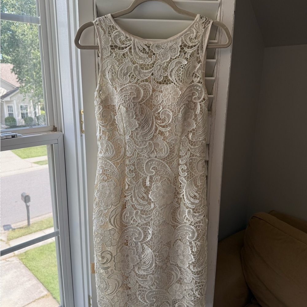 Adrianna Papell Sleeveless Illusion Neck Cream Sheath Dress